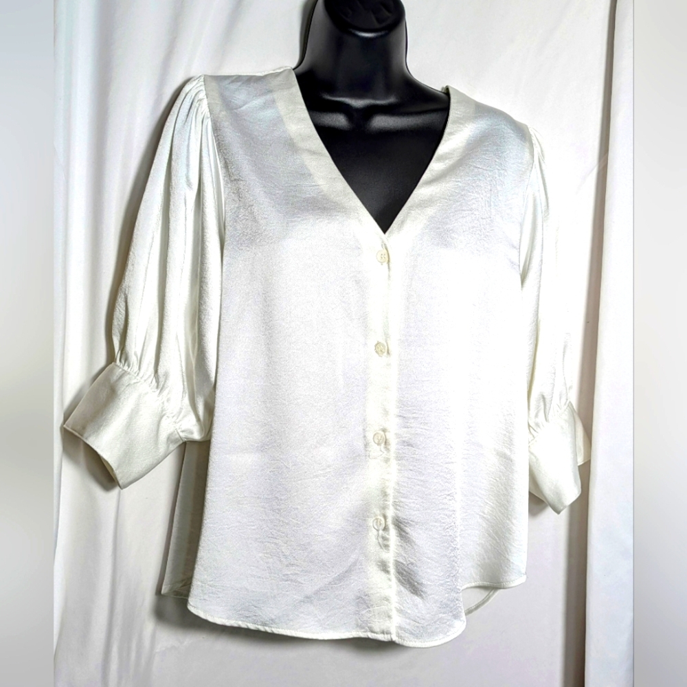 Women's Fifteen Twenty Cream Satin Blouse, V-Neck, Puff Sleeve|‎ Size M